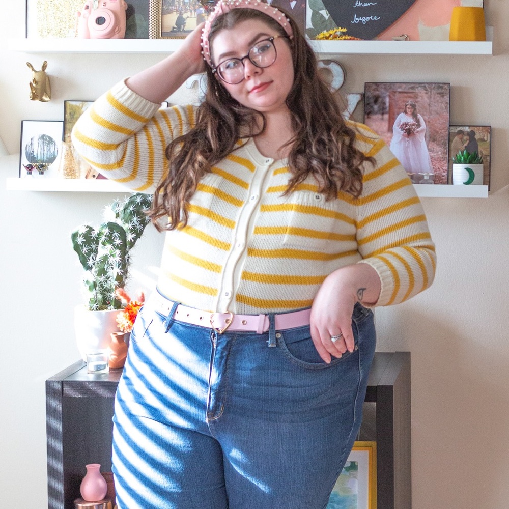 Old Navy Yellow and White Striped Button Up Cardigan